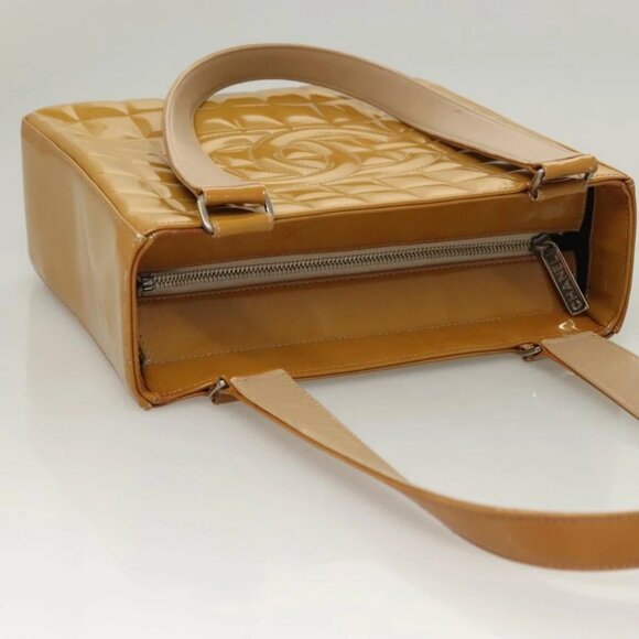 CHANEL Choco Bar Hand Bag Patent Leather Yellow Silver CC Auth mr1387 - Picture 7 of 16